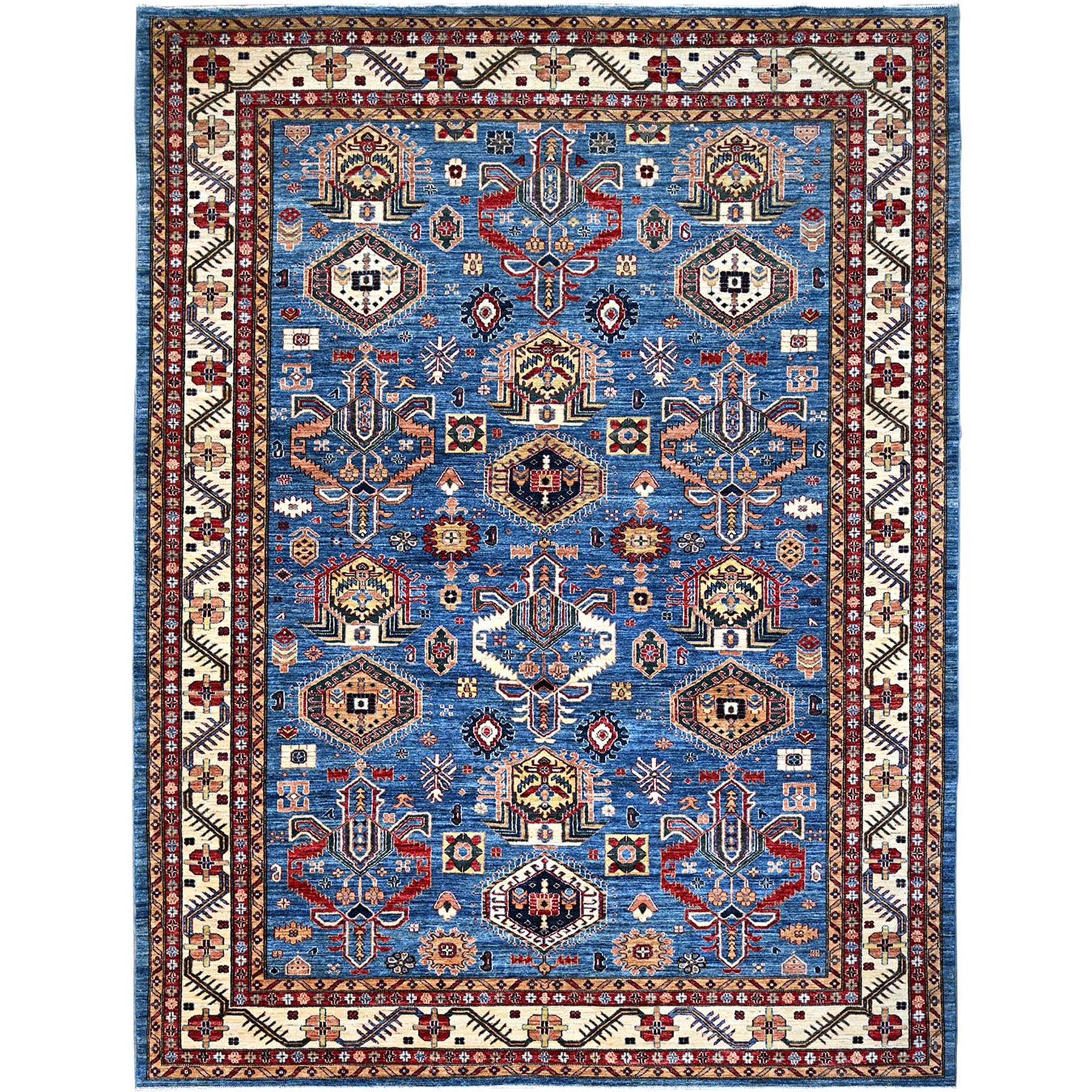 Campanula Blue and Ballet White Border, Shiny and Vibrant Wool, Vegetable Dyes, Afghan Super Kazak with All Over Medallions, Hand Knotted, Denser Weave Oriental Rug 